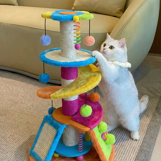 Meiowix® Multi-Level Flower Cat Activity Tower – Colorful Sisal Scratcher with Hanging Feather Toys & Interactive Track Base