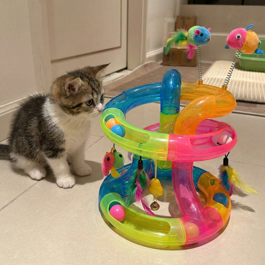 Meiowix® Rainbow Spiral Interactive Cat Track Tower Toy – 3-Tier Rolling Ball & Feather Spring Teaser for Indoor Cats