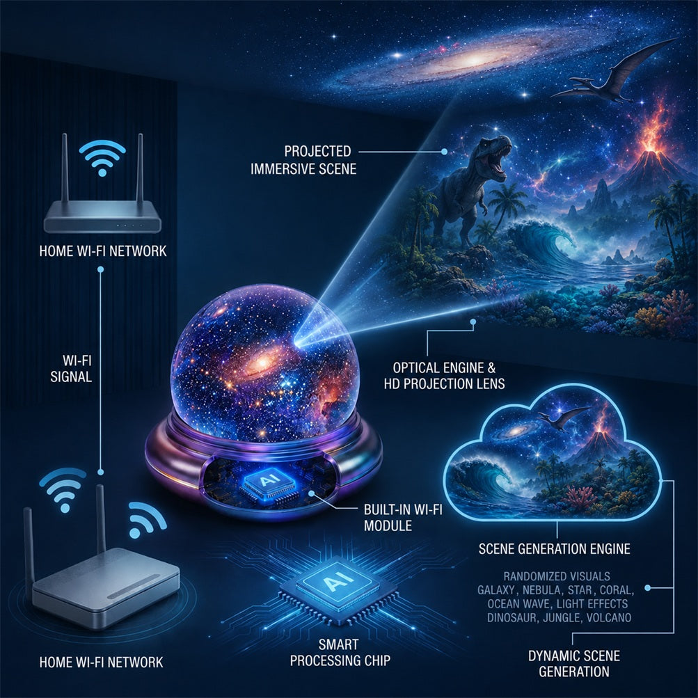 Topacme®🦕 Galaxy Night Light Projector – 360° Starry Sky & Ocean Wave Ambient Light