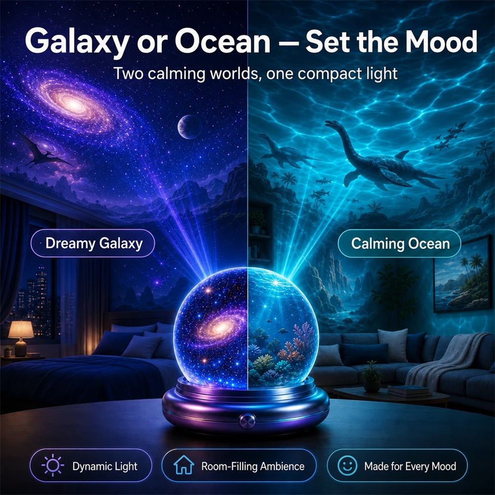 Topacme®🦕 Galaxy Night Light Projector – 360° Starry Sky & Ocean Wave Ambient Light