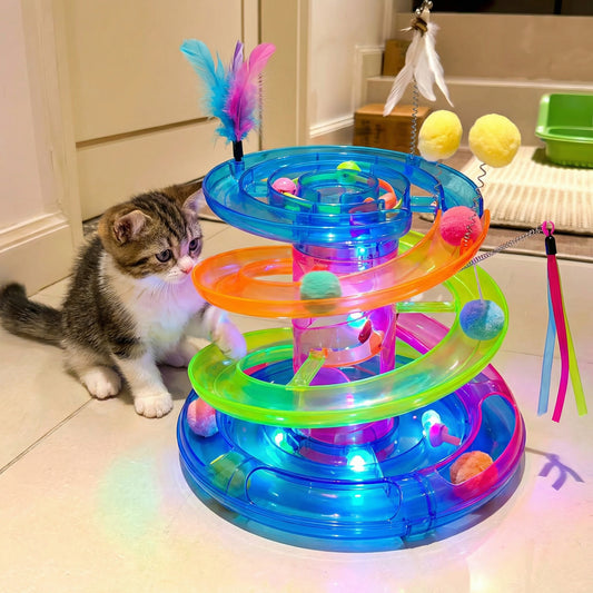 Meiowix® Rainbow Spiral Interactive Cat Track Tower Toy – 3-Tier Rolling Ball & Feather Spring Teaser for Indoor Cats